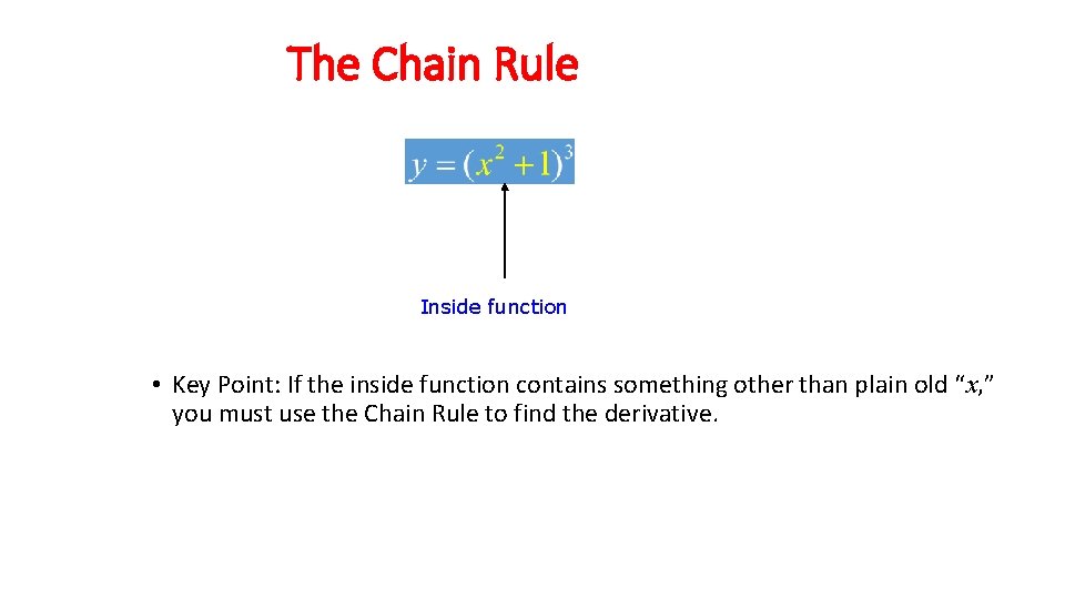 The Chain Rule Inside function • Key Point: If the inside function contains something