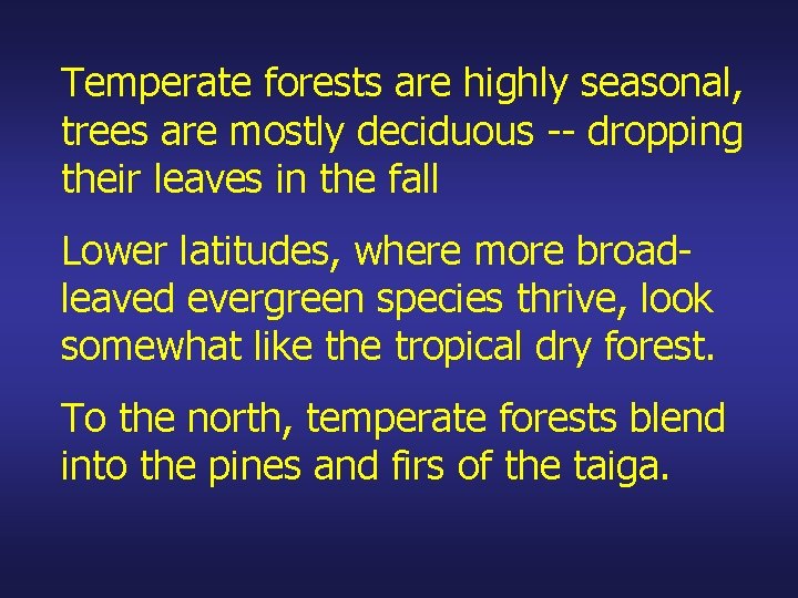 Temperate forests are highly seasonal, trees are mostly deciduous -- dropping their leaves in