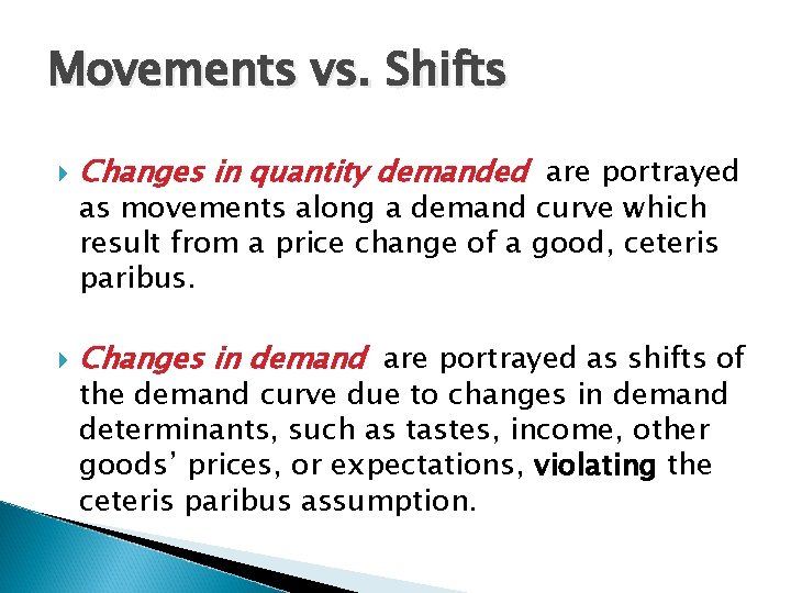 Movements vs. Shifts Changes in quantity demanded are portrayed Changes in demand are portrayed