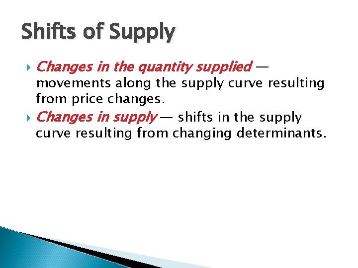 Shifts of Supply Changes in the quantity supplied — movements along the supply curve