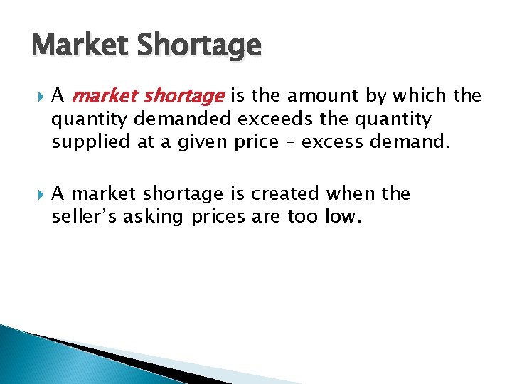 Market Shortage A market shortage is the amount by which the quantity demanded exceeds