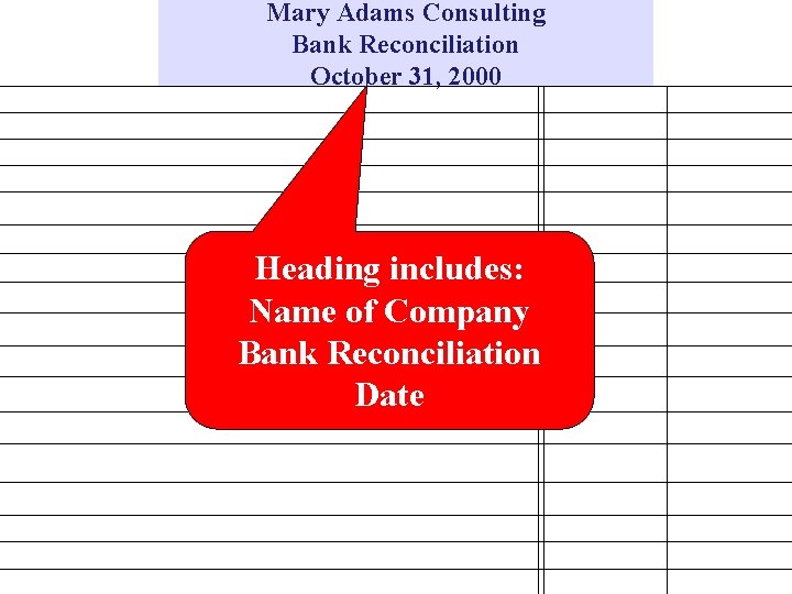 Mary Adams Consulting Bank Reconciliation October 31, 2000 Heading includes: Name of Company Bank