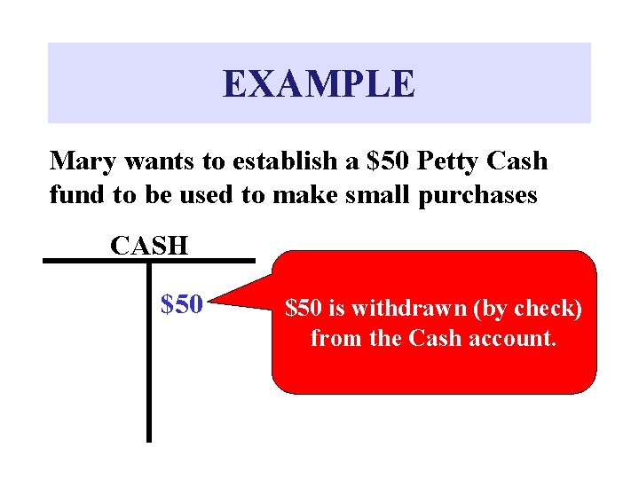 EXAMPLE Mary wants to establish a $50 Petty Cash fund to be used to