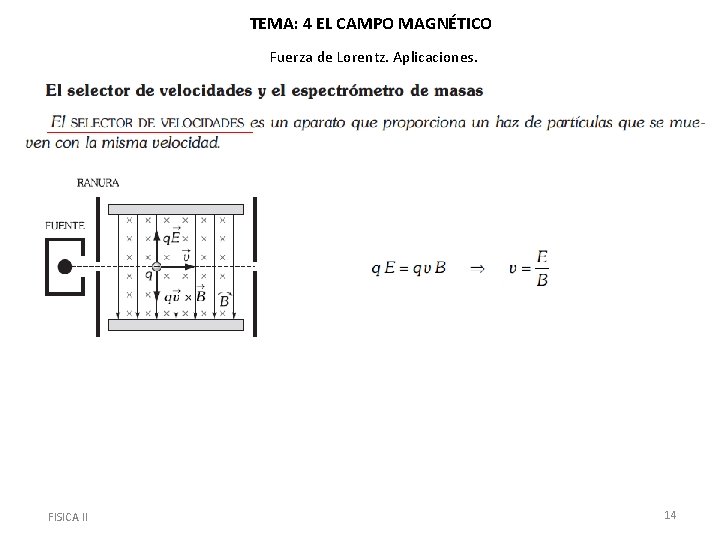 TEMA: 4 EL CAMPO MAGNÉTICO Fuerza de Lorentz. Aplicaciones. FISICA II 14 