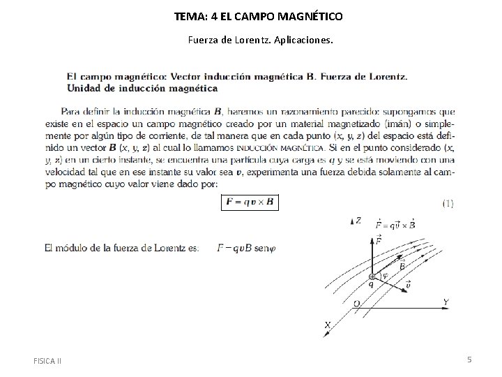 TEMA: 4 EL CAMPO MAGNÉTICO Fuerza de Lorentz. Aplicaciones. FISICA II 5 