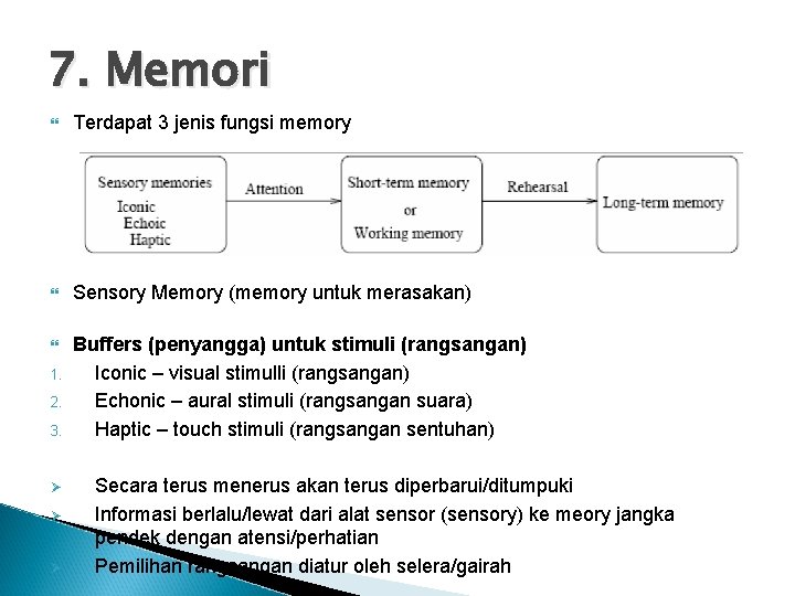 7. Memori Terdapat 3 jenis fungsi memory Sensory Memory (memory untuk merasakan) Buffers (penyangga)