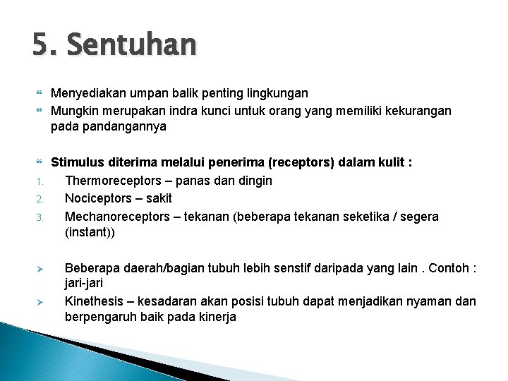 5. Sentuhan 1. 2. 3. Ø Ø Menyediakan umpan balik penting lingkungan Mungkin merupakan