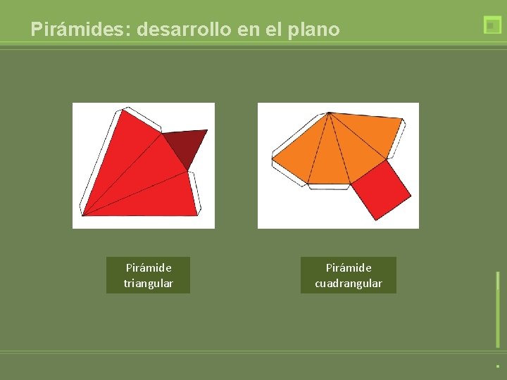 Pirámides: desarrollo en el plano Pirámide triangular Pirámide cuadrangular 