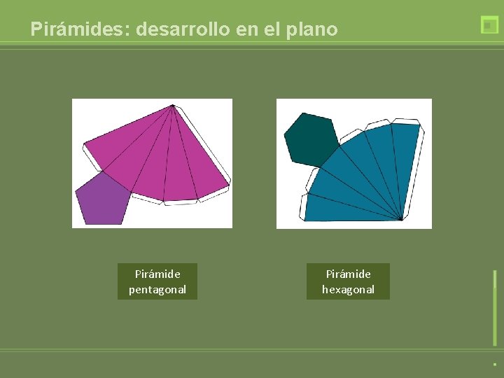 Pirámides: desarrollo en el plano Pirámide pentagonal Pirámide hexagonal 