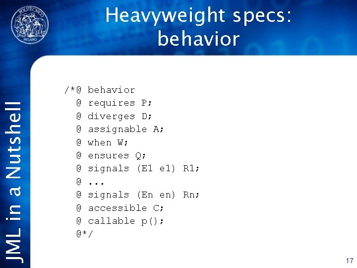 JML in a Nutshell Heavyweight specs: behavior /*@ behavior @ requires P; @ diverges