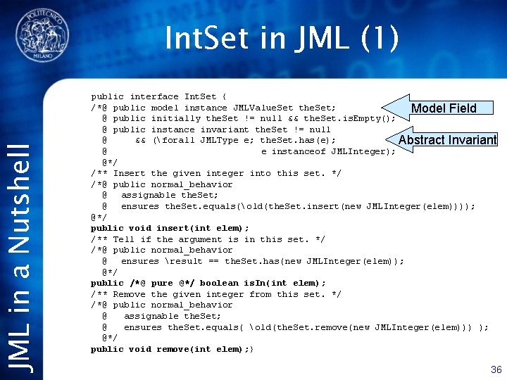 JML in a Nutshell Int. Set in JML (1) public interface Int. Set {