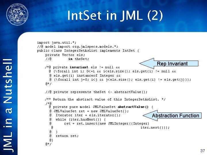 JML in a Nutshell Int. Set in JML (2) import java. util. *; //@