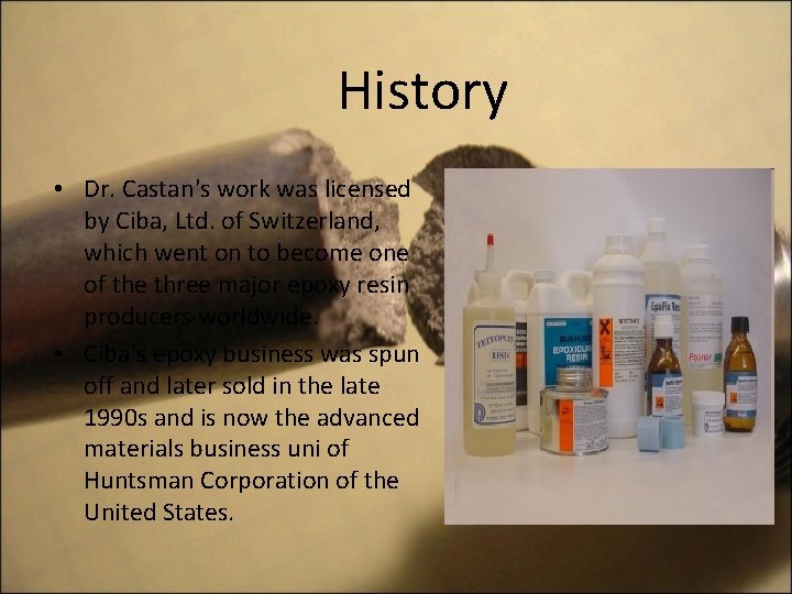 History • Dr. Castan's work was licensed by Ciba, Ltd. of Switzerland, which went