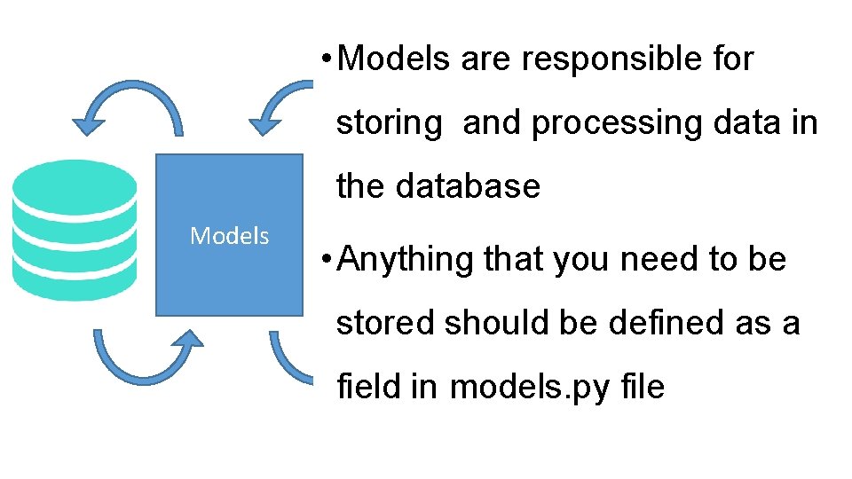  • Models are responsible for storing and processing data in the database Models