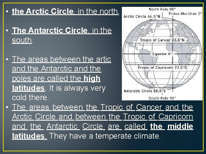  • the Arctic Circle, in the north, • The Antarctic Circle, in the