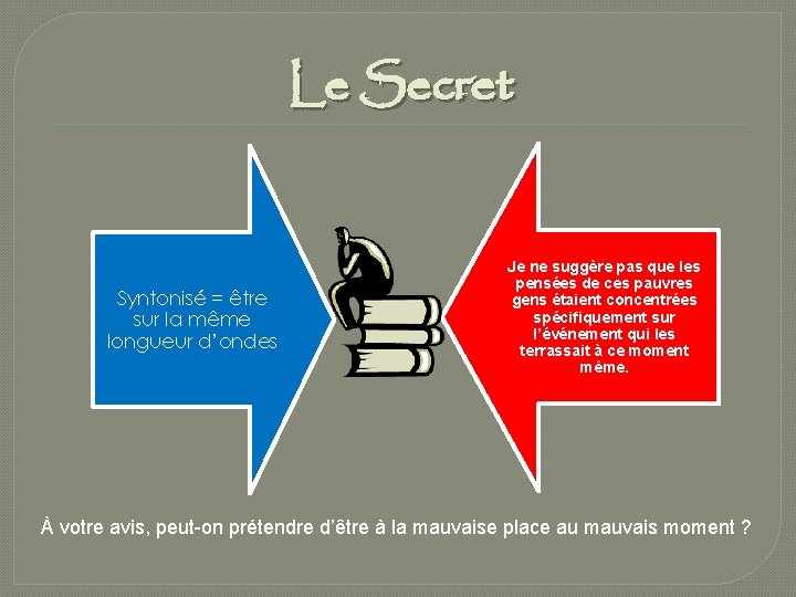 Le Secret Syntonisé = être sur la même longueur d’ondes Je ne suggère pas