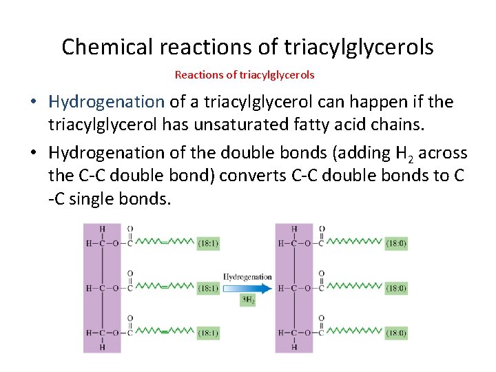 Chemical reactions of triacylglycerols Reactions of triacylglycerols • Hydrogenation of a triacylglycerol can happen