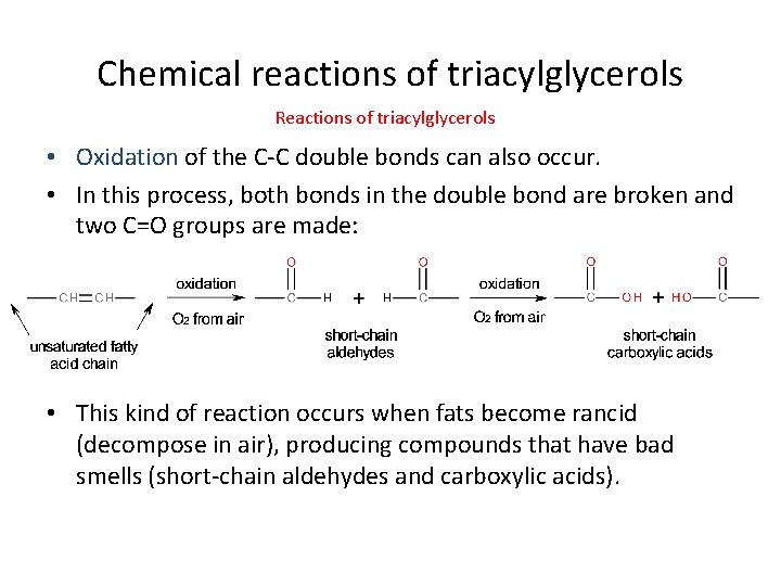 Chemical reactions of triacylglycerols Reactions of triacylglycerols • Oxidation of the C-C double bonds
