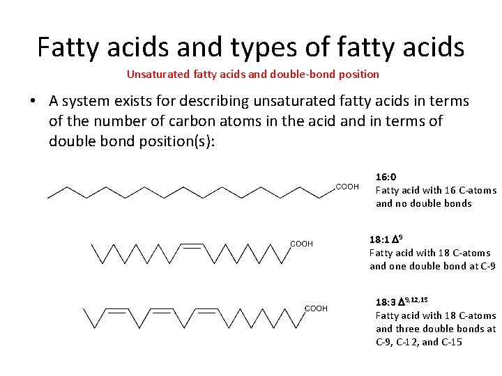 Fatty acids and types of fatty acids Unsaturated fatty acids and double-bond position •