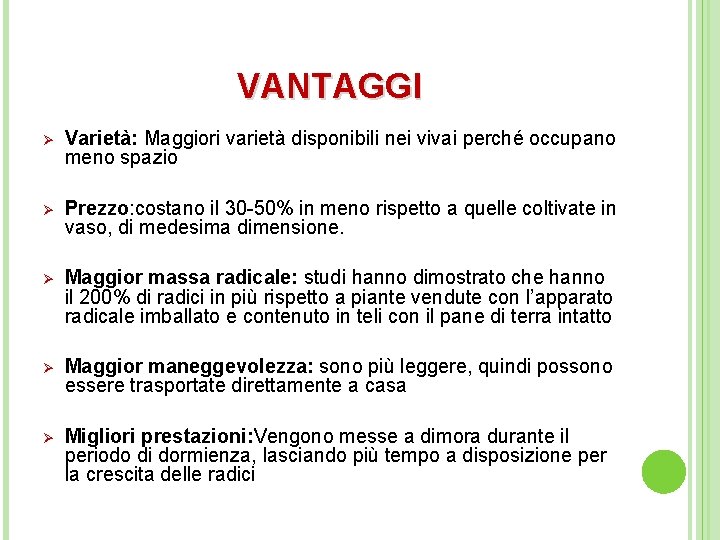 VANTAGGI Ø Varietà: Maggiori varietà disponibili nei vivai perché occupano meno spazio Ø Prezzo: