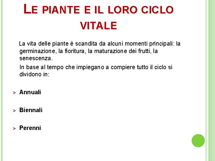LE PIANTE E IL LORO CICLO VITALE La vita delle piante è scandita da