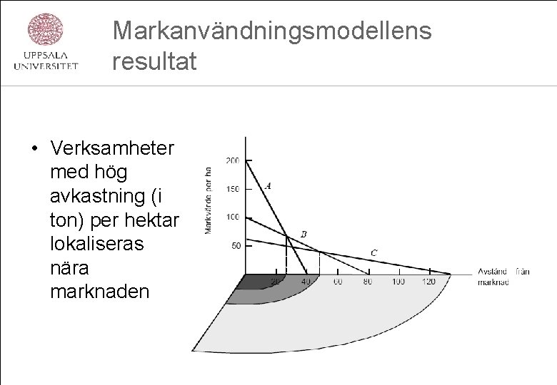 Markanvändningsmodellens resultat • Verksamheter med hög avkastning (i ton) per hektar lokaliseras nära marknaden