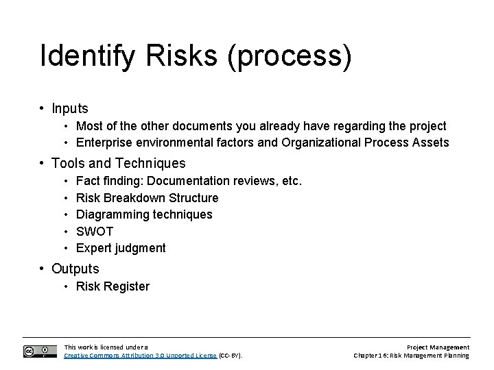 Identify Risks (process) • Inputs • Most of the other documents you already have