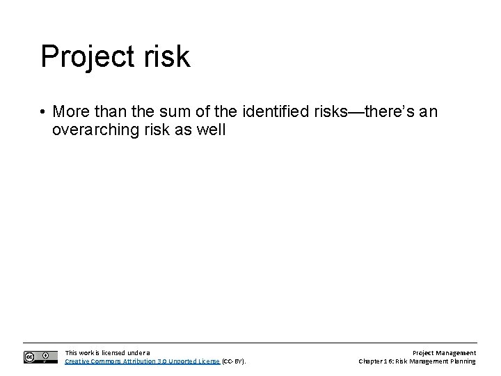 Project risk • More than the sum of the identified risks—there’s an overarching risk