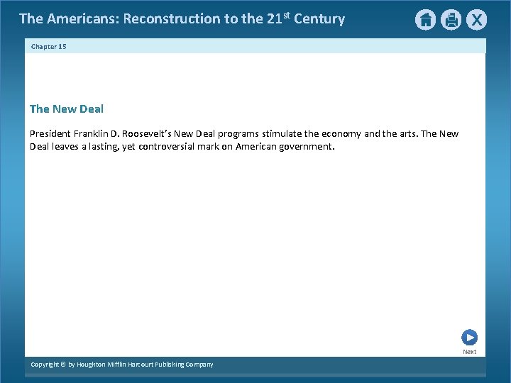 The Americans: Reconstruction to the 21 st Century Chapter 15 The New Deal President