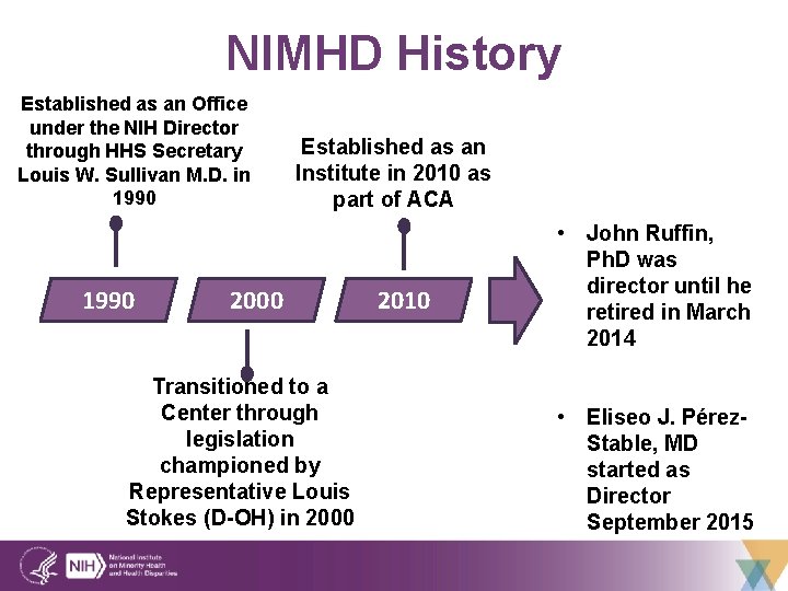 NIMHD History Established as an Office under the NIH Director through HHS Secretary Louis