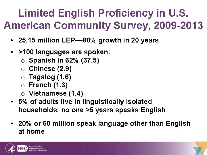 Limited English Proficiency in U. S. American Community Survey, 2009 -2013 • 25. 15