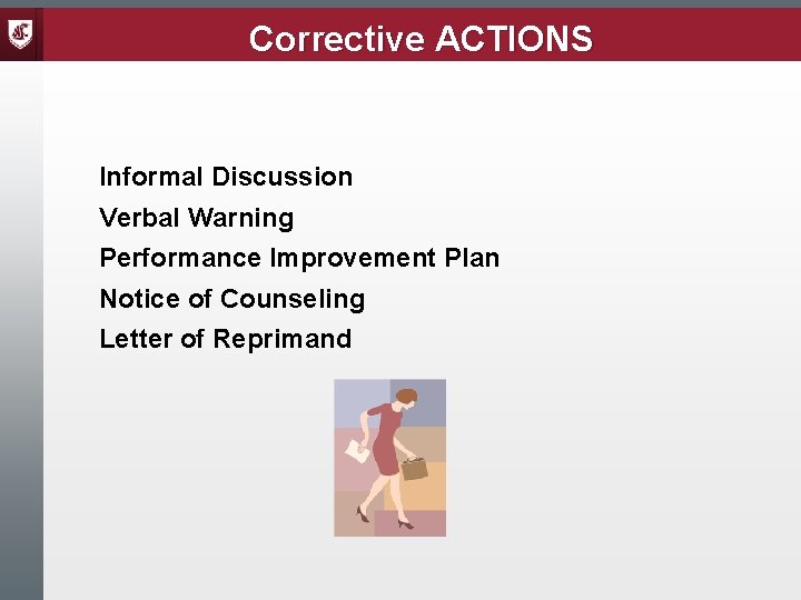 Corrective ACTIONS Informal Discussion Verbal Warning Performance Improvement Plan Notice of Counseling Letter of