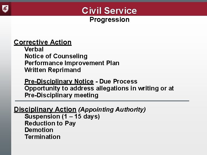 Civil Service Progression Corrective Action Verbal Notice of Counseling Performance Improvement Plan Written Reprimand