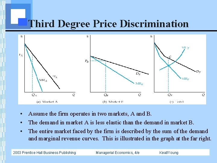 Third Degree Price Discrimination • Assume the firm operates in two markets, A and