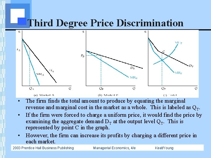 Third Degree Price Discrimination • The firm finds the total amount to produce by