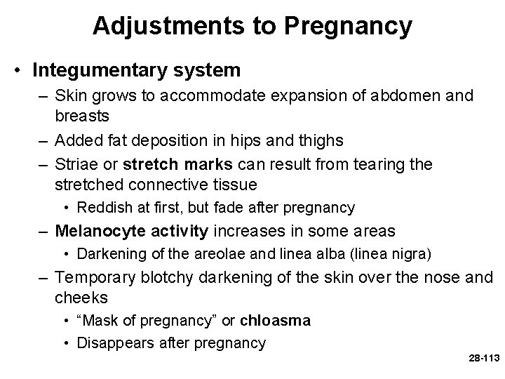 Adjustments to Pregnancy • Integumentary system – Skin grows to accommodate expansion of abdomen