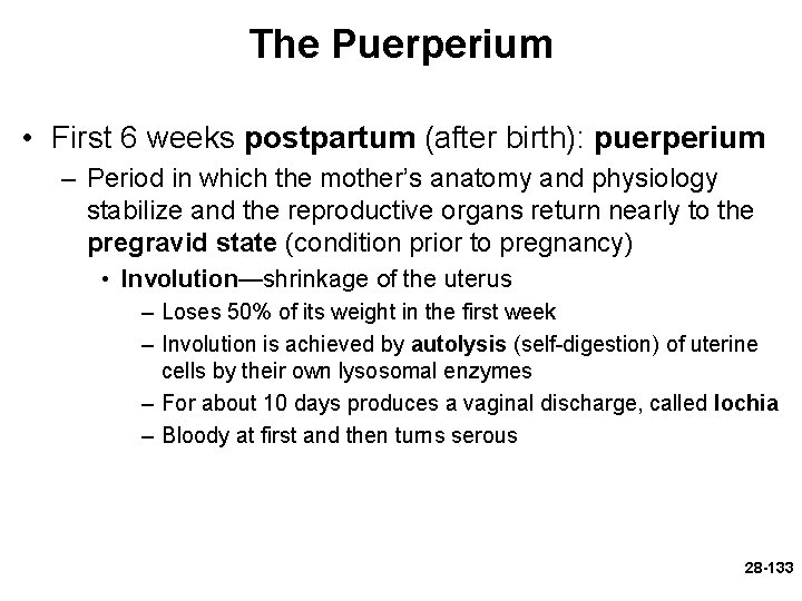 The Puerperium • First 6 weeks postpartum (after birth): puerperium – Period in which