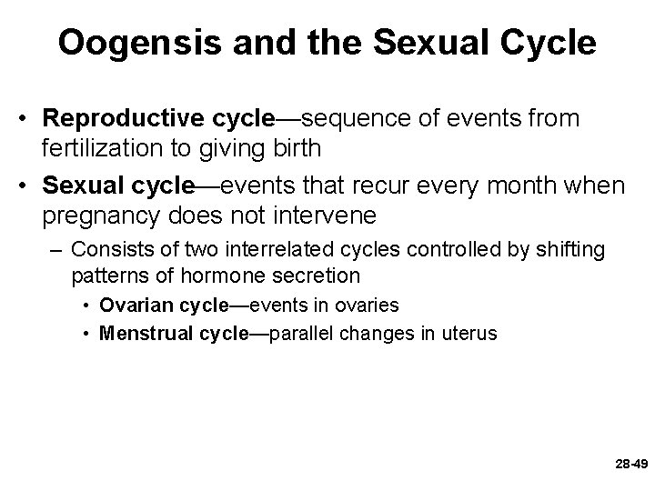 Oogensis and the Sexual Cycle • Reproductive cycle—sequence of events from fertilization to giving