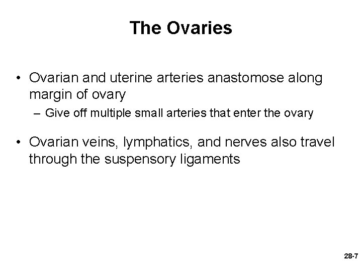 The Ovaries • Ovarian and uterine arteries anastomose along margin of ovary – Give