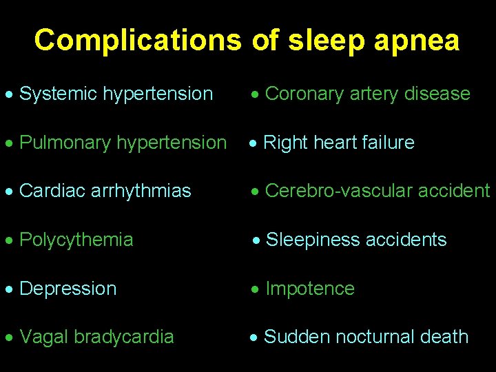 Complications of sleep apnea Systemic hypertension Coronary artery disease Pulmonary hypertension Right heart failure