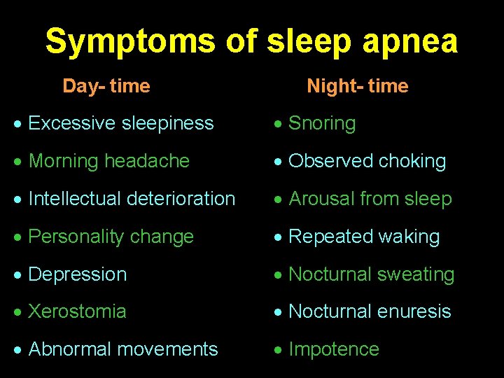 Symptoms of sleep apnea Day- time Night- time Excessive sleepiness Snoring Morning headache Observed