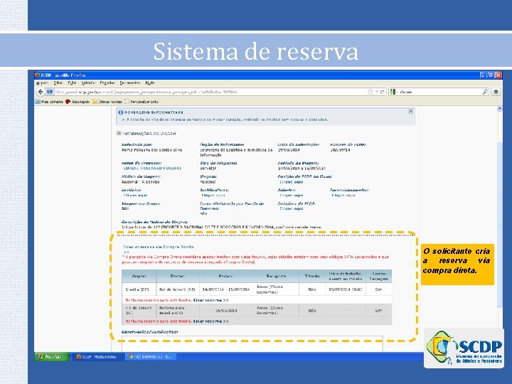 Sistema de reserva O solicitante cria a reserva via compra direta. Sistema de reserva O solicitante cria a reserva via compra direta.