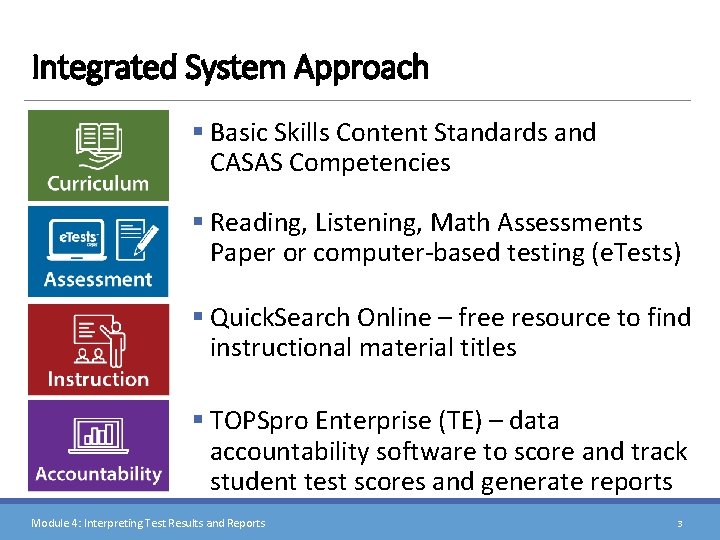 Integrated System Approach § Basic Skills Content Standards and CASAS Competencies § Reading, Listening,