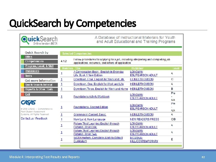 Quick. Search by Competencies Module 4: Interpreting Test Results and Reports 62 