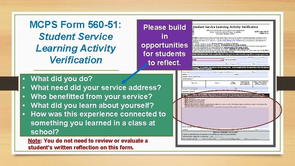 MCPS Form 560 -51: Student Service Learning Activity Verification • • • Please build