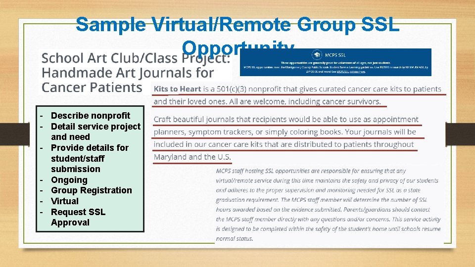 Sample Virtual/Remote Group SSL Opportunity - Describe nonprofit - Detail service project and need