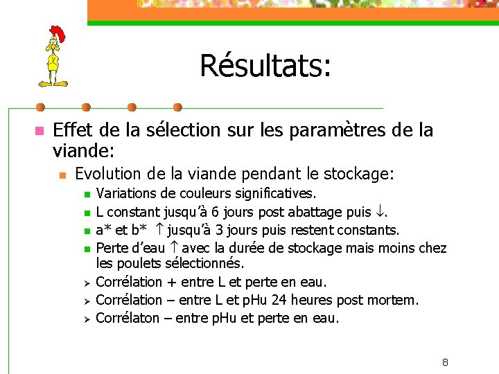 Résultats: n Effet de la sélection sur les paramètres de la viande: n Evolution