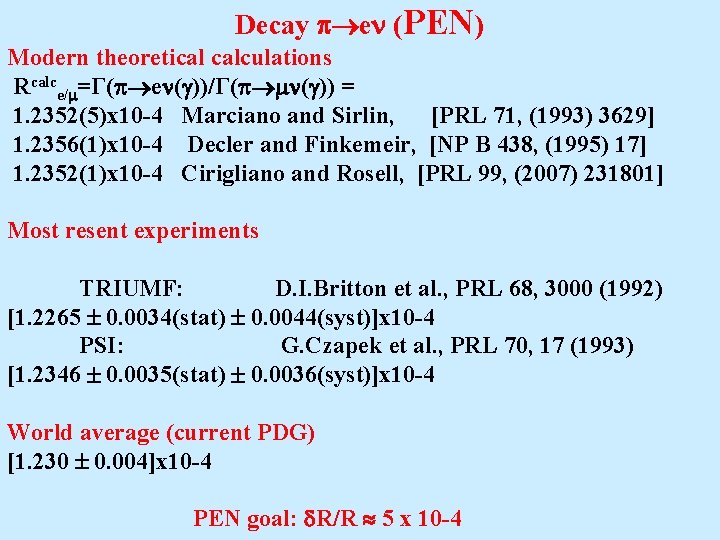 Decay e (PEN) Modern theoretical calculations Rcalce/ =Г( e ( ))/Г( ( )) =