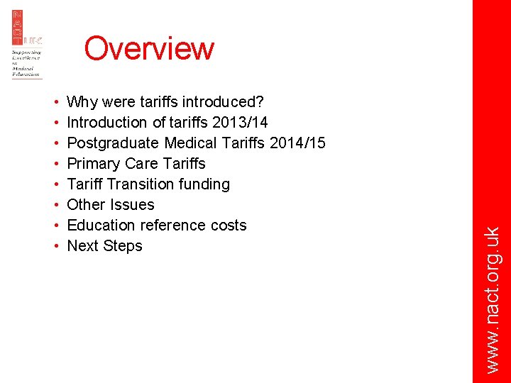  • • Why were tariffs introduced? Introduction of tariffs 2013/14 Postgraduate Medical Tariffs