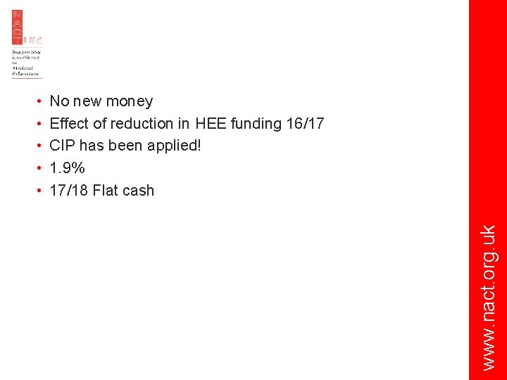 No new money Effect of reduction in HEE funding 16/17 CIP has been applied!
